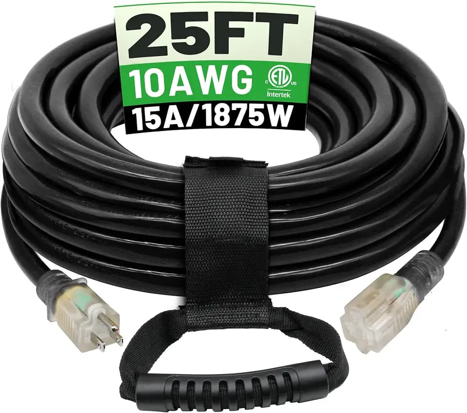 POWGRN 25 Ft 10AWG Outdoor Extension Cord Waterproof Heavy Duty, Black