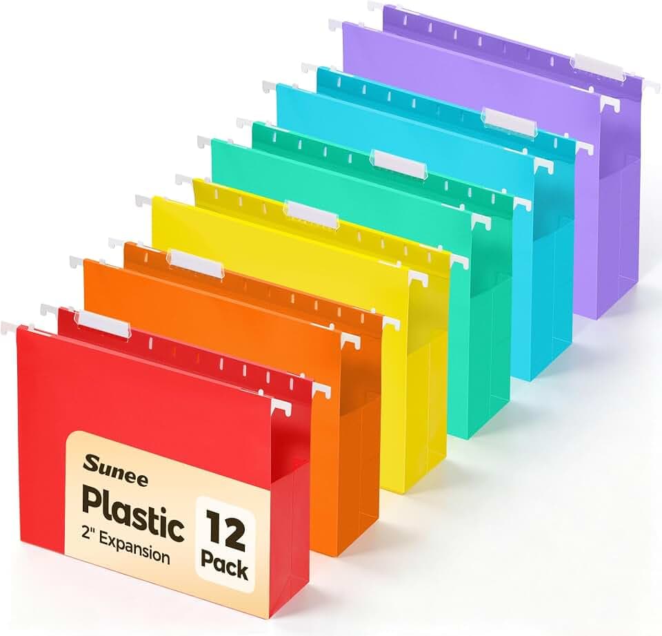 SUNEE 12 Pack 2" Plastic Hanging File Folders with Sides, Letter Size File Folders with 1/5-cut Tabs,Accordian Pocket,Stay Organized for Your Home and Office,6 Assorted Colors