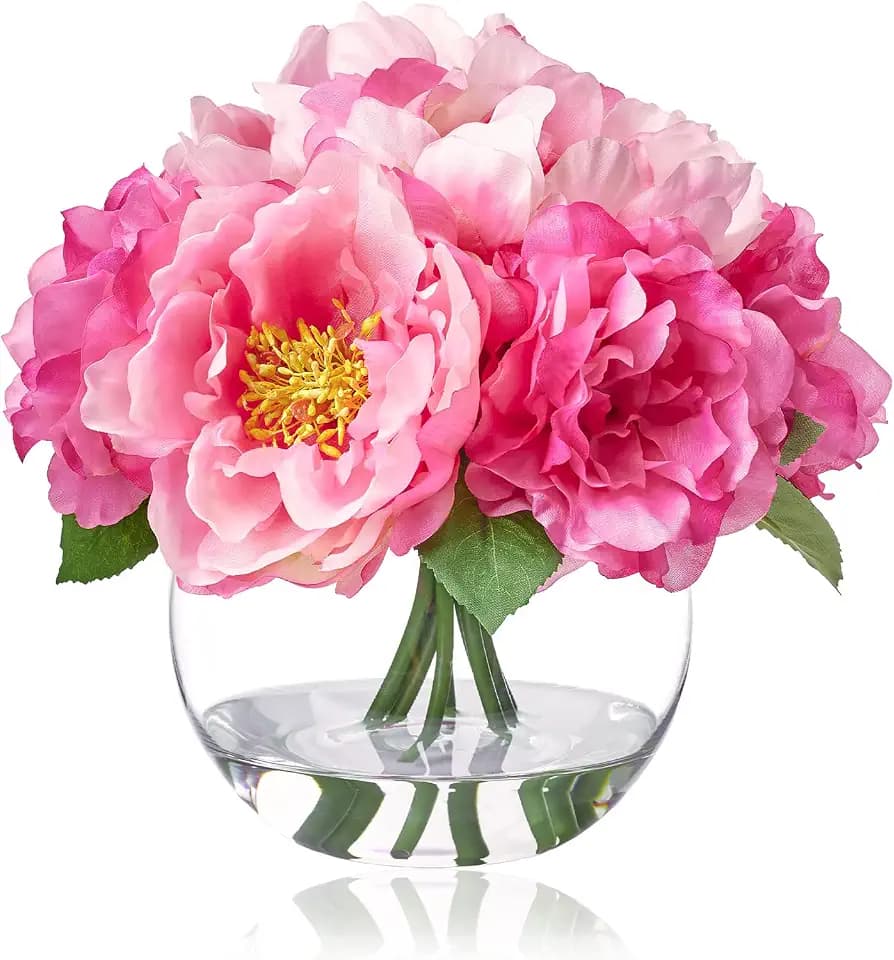 WELL KNOWN Artificial Flowers in Vase, Silk Peonies Bouquet with Faux Water, Fake Peony Pink Flower Arrangement for Home Wedding Birthday Party Dining Table Centerpiece Spring Decor & Mom's Gift
