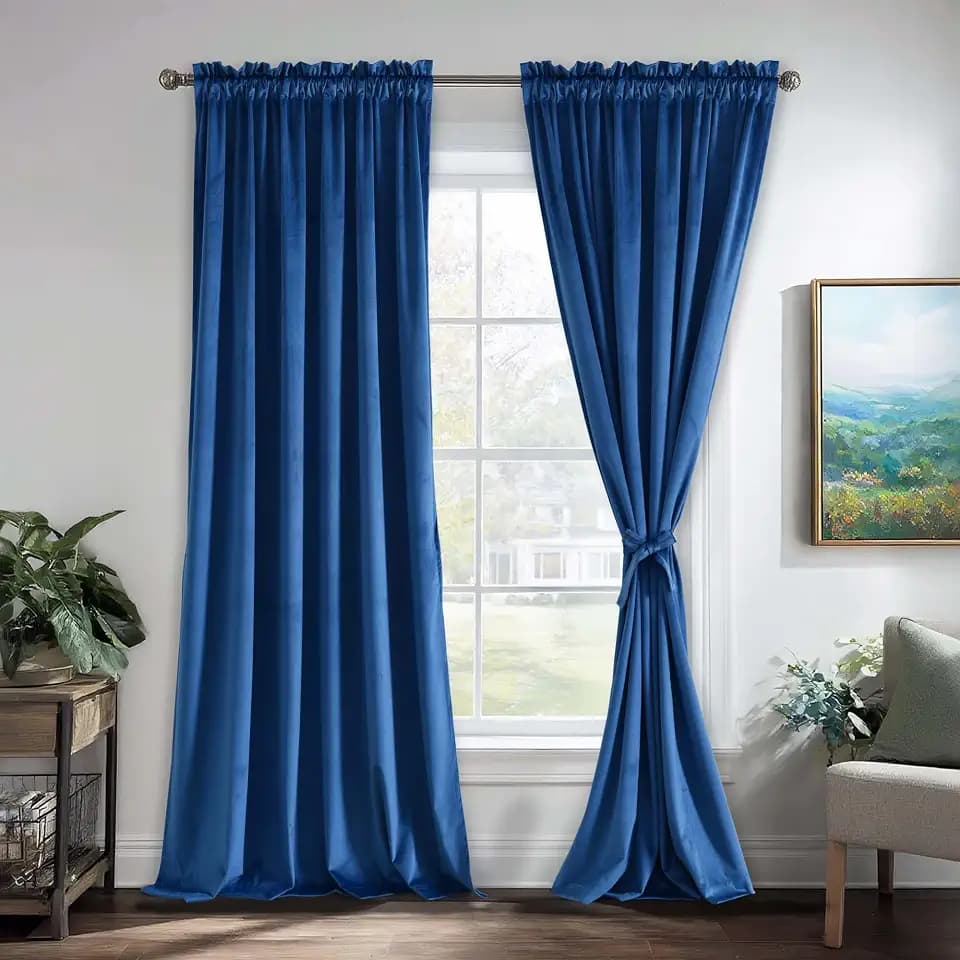 JIUZHEN Blue Velvet Blackout Curtains 52W x 84L 2 Panels with Tiebacks