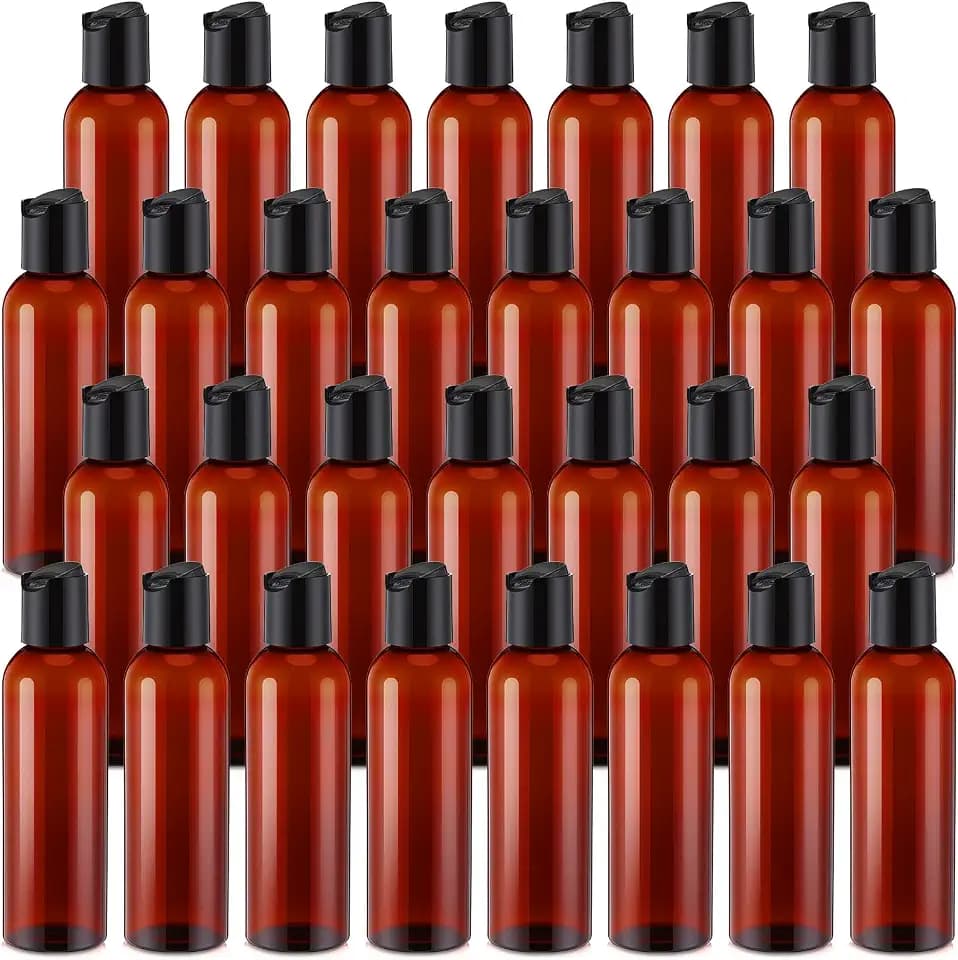 Mimorou 30 Pack Amber Empty Bottles Plastic Squeeze Bottles with Disc Top Flip Cap Small Empty Travel Squeeze Bottle for Lotions Liquid Body Soap Conditioner Creams(5.1 oz)