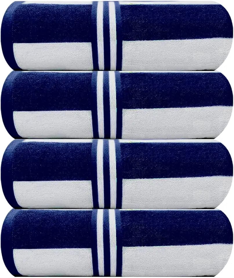 Organix Oversized Beach Towel 36"x72", Large Highly Absorbent 100% Ringspun Cotton Bathroom Cabana Striped Pool Towels 4 Pack, Adult Luxury Beach Towels, Quick Dry Lightweight - Navy