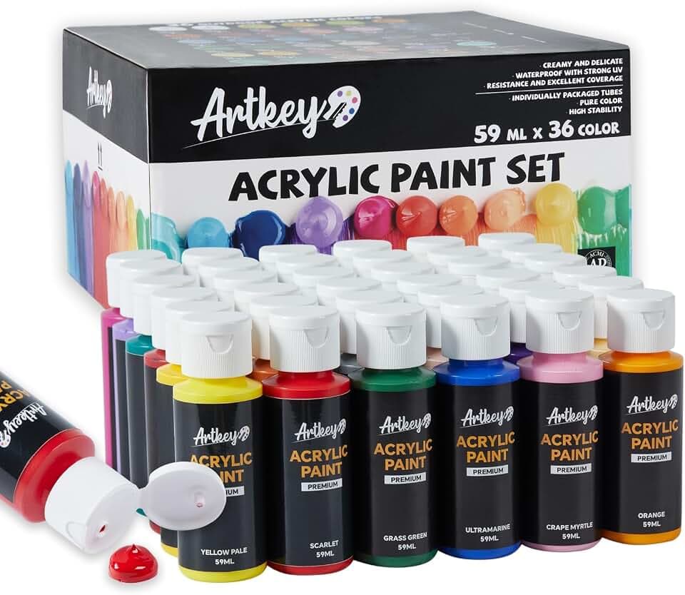 Artkey Acrylic Paint Set - 36 Colors 2 oz/59 ml Acrylic Paints Professional Artists Painting Kit for Canvases Fabric Rock Leather Easter Egg Wood Ceramic Glass Art Craft Painting