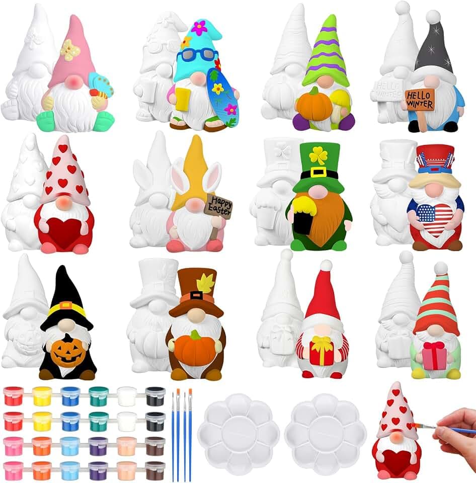 Sonwyoung 12 Pcs Ceramic Gnomes to Paint DIY Unpainted Kit with Brushes