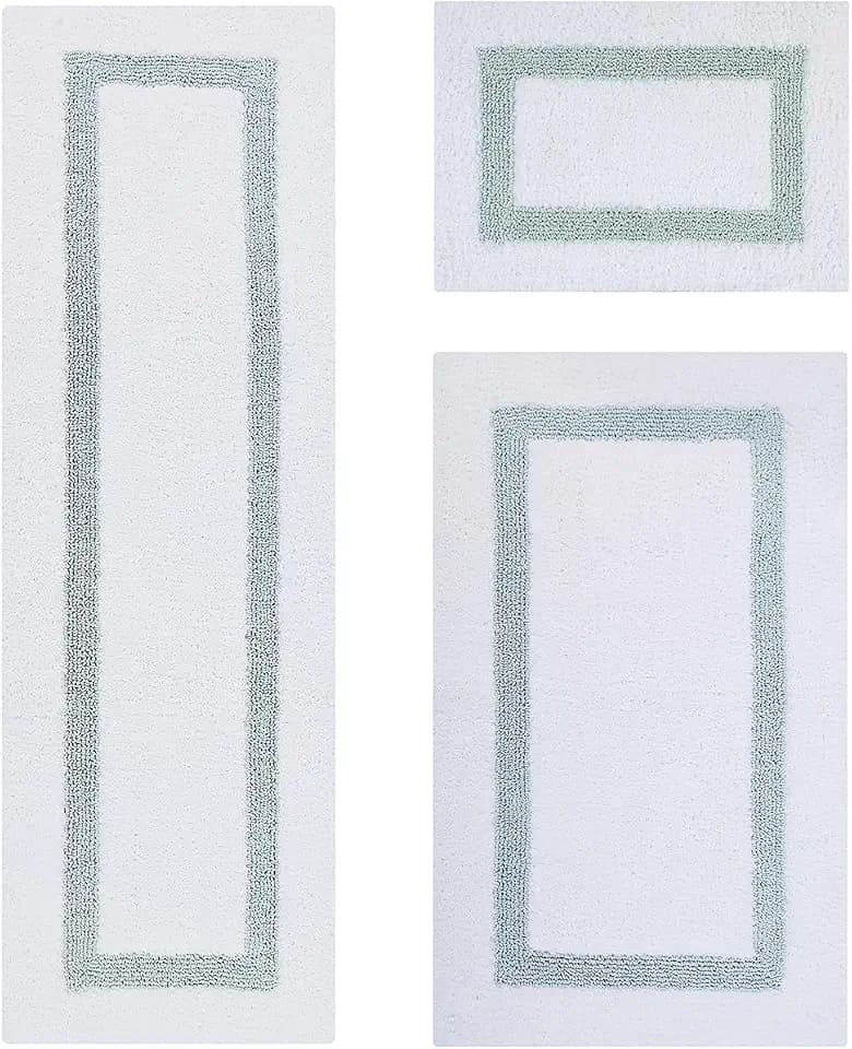 Better Trends 100% Cotton Hotel Collection Bath Mats Set, White & Blue Mats - Tufted, Reversible & Absorbent & Machine Washable 3 Piece Bathroom Rug Set, Runner for Tub, Shower, and Bath Room