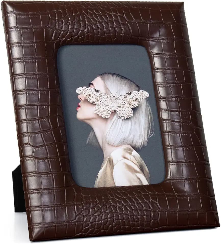 Coffee color 5by7 Crocodile-Embossed Faux Leather Photo Frame with Shatterproof Acrylic - Convertible Tabletop or Wall Mount