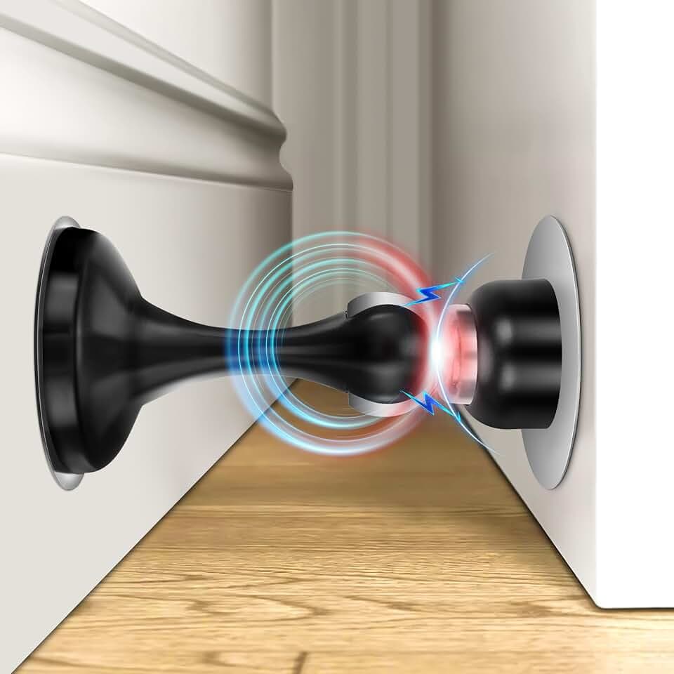 Crosize Magnetic Door Stoppers 1 Pack, Stainless Steel Door Stops for Wall and Floor Mounting, Gate Stops, No Drilling Metal Doorstops with Adhesive Tapes, Black