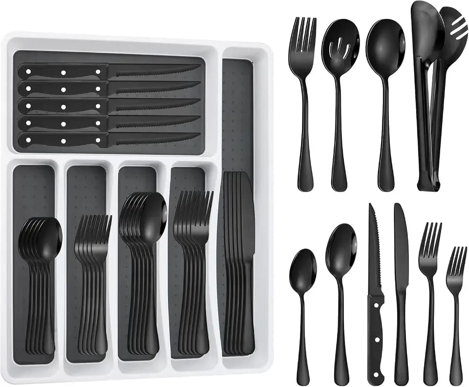 53PCS Black Silverware Set for 8 with Flatware Drawer Organizer, Stainless Steel Cutlery Set with Steak Knives, Include Spoons and Forks Set & Serving Utensils, Mirror Polished, Dishwasher Safe