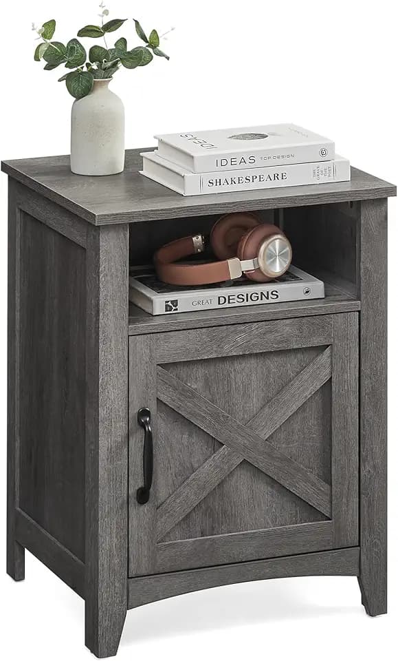 VASAGLE Farmhouse Nightstand with Barn Door, Bedside Table for Bedroom