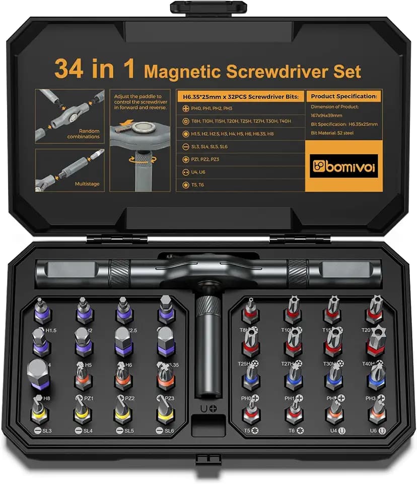 Bomivoi 34 in 1 Magnetic Screwdriver Set, DIY Ratchet Screwdriver Set, Multi Bit Magnetic Drive Sets with Ratcheting Handle, Handy Repair Tool Kit for Electronics, Bike, Furniture, DIY, Computer