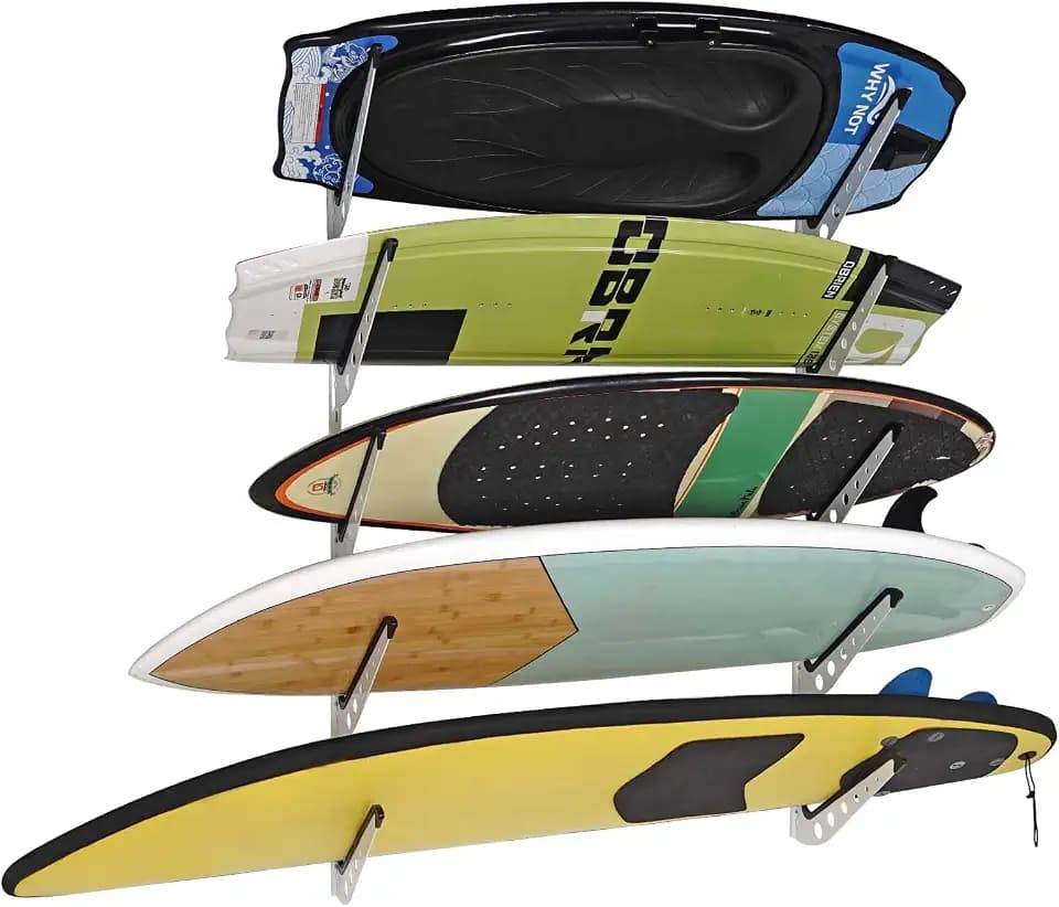 5 Board Surfboard Rack, Adjustable Surf Rack for Surfboard, Wakeboard, Snowboard Storage,Surfboard Wall Mount Display, White