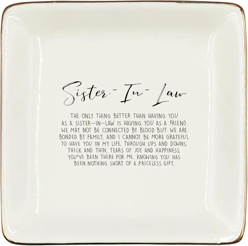 WODMIS Sister in Law Gifts Ceramic Jewelry Tray, Sister In Law Bonus Sister Mother in Law Bestie Mimi Aunt Birthday Wedding Gifts Mothers Day New Engagement Gifts Jewelry Plate Ring Trinket Dish 306