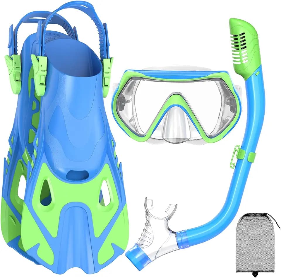 Snorkeling Gear for Kids, Kid Mask Fins Dry Top Snorkel Set, Youth Boys Girls Junior Age 6-14 Swimming Diving Swim Fins, Tempered Glass Panoramic View Travel Packages