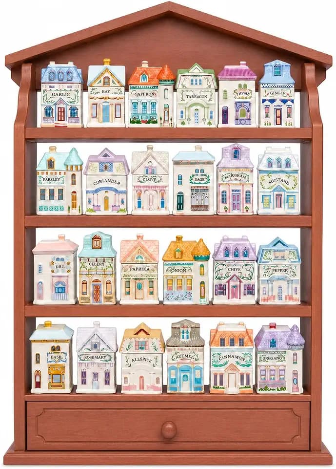 1989s Vintage Spice Village Wooden Rack - Village Spice House Wall-Mounted Display Shelf for 24 Jars | Charming Holiday Village Kitchen Decor for Collectors and Porcelain Enthusiasts (Brown, Vintage)