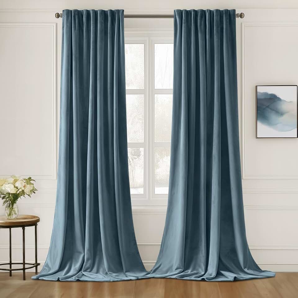 MIULEE Stone Blue Velvet Pinch Pleat Blackout Curtains W52 X L90 Inches