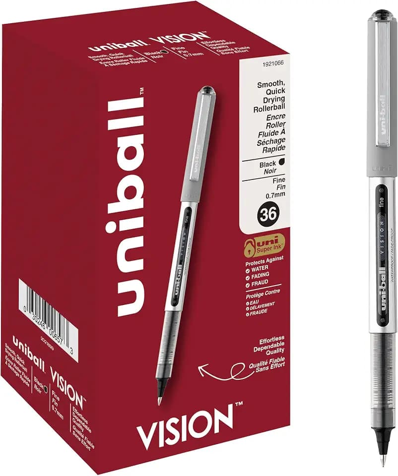 uniball Vision Rollerball Pens, Fine Point (0.7mm), Black, 36 Pack