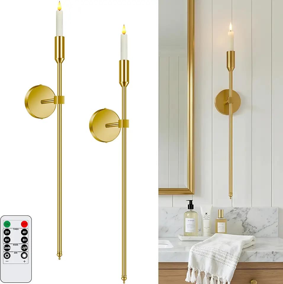 27-inch Large Wall Candle Sconces with Remote Controlled Flameless LED Taper Candles, Set of 2, Wall Mounted Candle Holder, Modern Chic Home Decor for Living Room, Entry, Porch, Hallway (Brass)