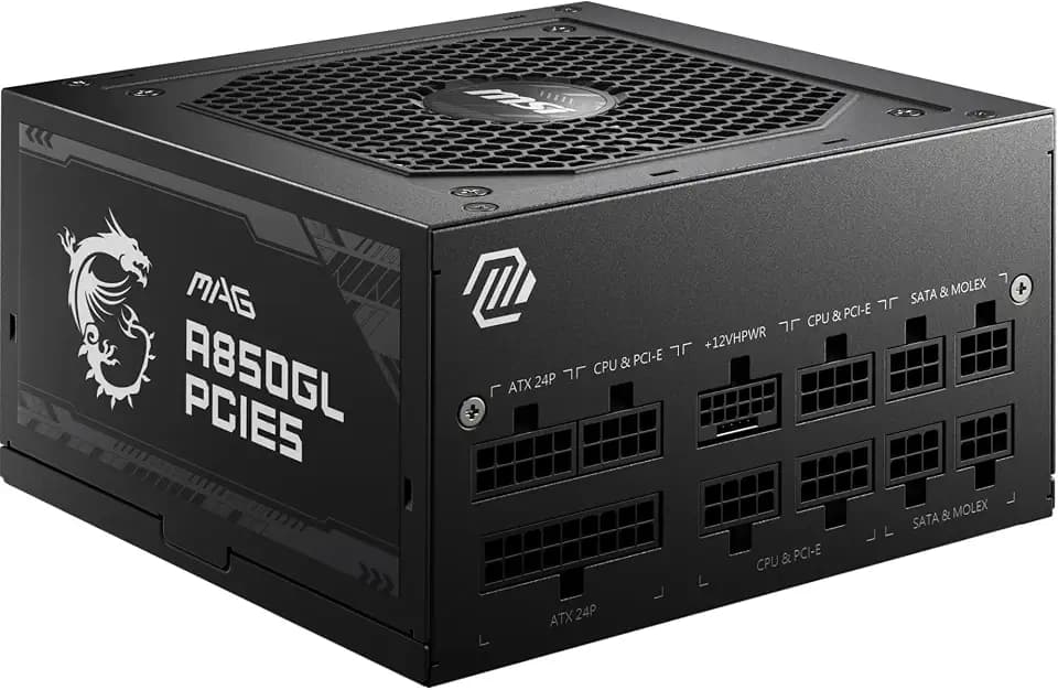MSI MAG A850GL PCIE5 Netzteil, 850W, 80 Plus Gold, voll modular, ATX 3.0, unterstützt PCIe 5.0 GPU, 120mm FDB Lüfter mit dynamischen Kugellager, Full-Bridge LLC, Schwarze Flackkabel - 7 Jahre Garantie