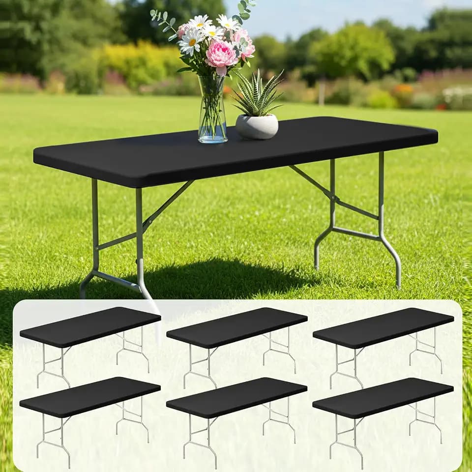 Fixwal 6 FT Elastic Table Cloth for Rectangle Table, 6 Pack Black Tablecloths, Rectangular Stretch Spandex Fitted Table Covers 6 Foot for Party, Buffet, Picnic, Dining, Outdoor and Indoor