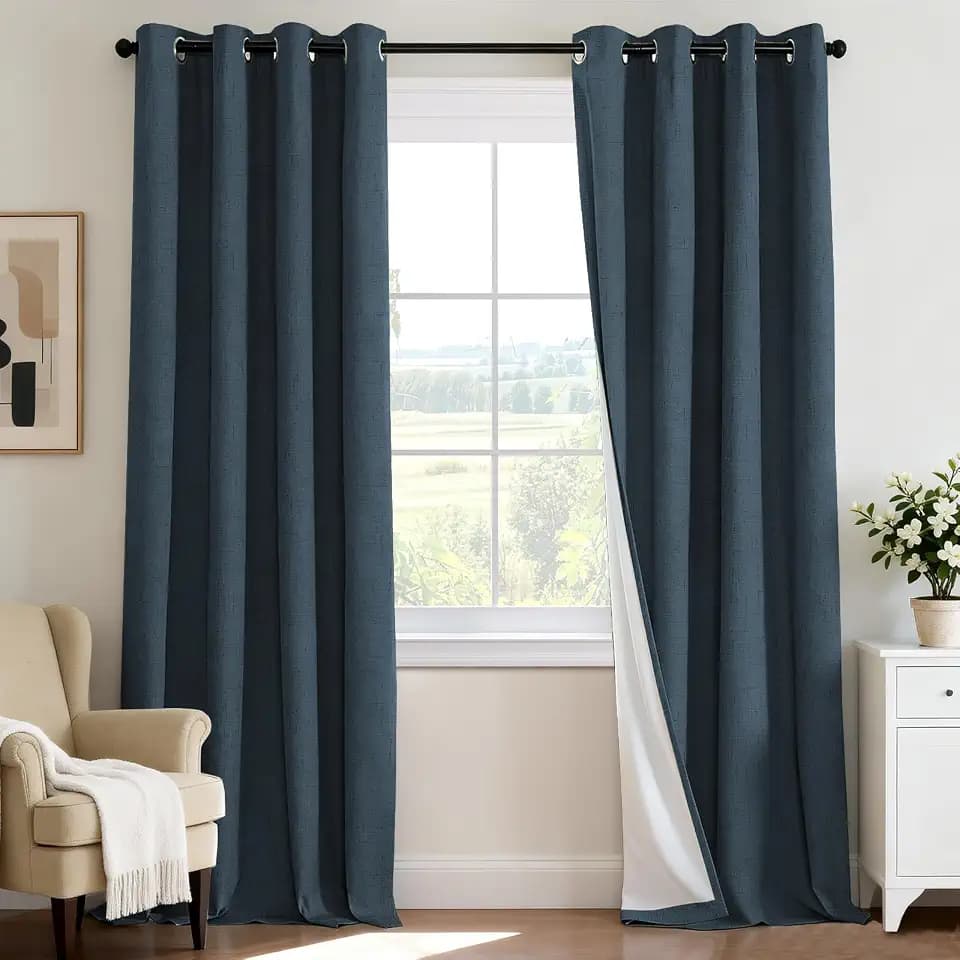 H.VERSAILTEX 100% Blackout Curtains for Bedroom 108 Inches Long Grommet Linen Face Full Light Blocking Curtain Drapes for Living Room Thermal Linen Look Curtains 2 Panels Set, 52" W x 108" L, Navy