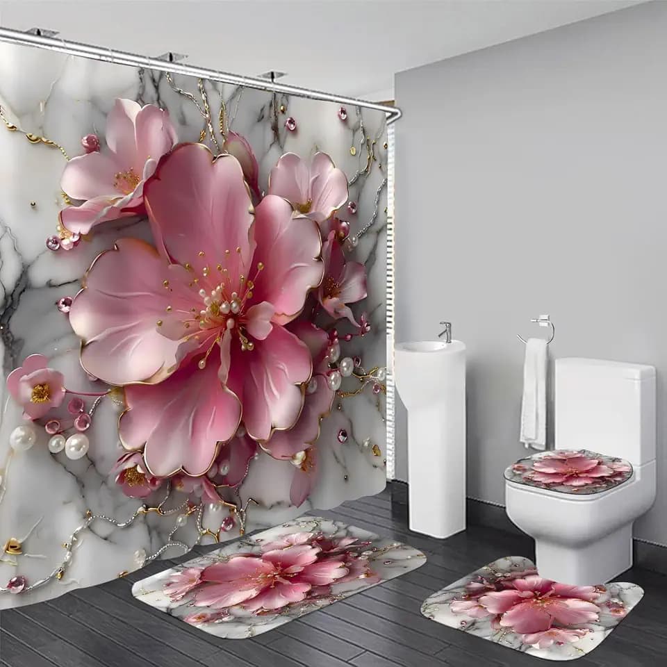 AZHM 4pcs Pink Marble Floral Bathroom Shower Curtain Set with Rugs