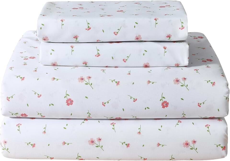 Softan Pink Floral Full Sheet Set Flower Printed Bed Sheets Double - 4 Piece Microfiber Patterned Fitted Bed Sheets with 15" Deep Pocket & Straps, Cozy Cute Pink Sheets and Pillowcase Set