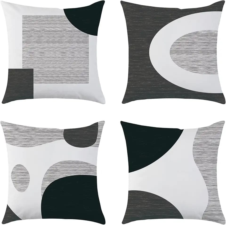 Black White Gray olive and forest green Abstract Throw Pillow Covers Set of 4 18x18 Inch - Modern Boho Minimalism Geometric Velvet Cushion Covers for Couch, Bed, Bedroom.