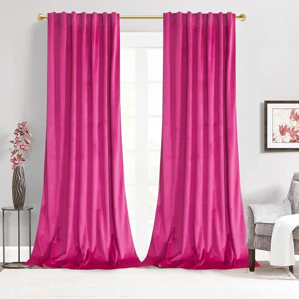 Lux Bolder Pink Fuschia Curtains 2 Panel Set - 108 inches Long Room Darkening Luxury Velvet Rod Pocket Window Drapes for Living Room Bedroom 52" Wx108 L
