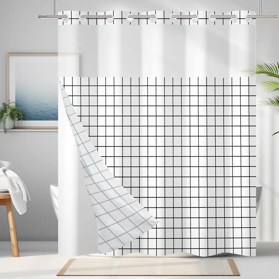 Black and White Grid No Hook Shower Curtain, 71" W x 86" L
