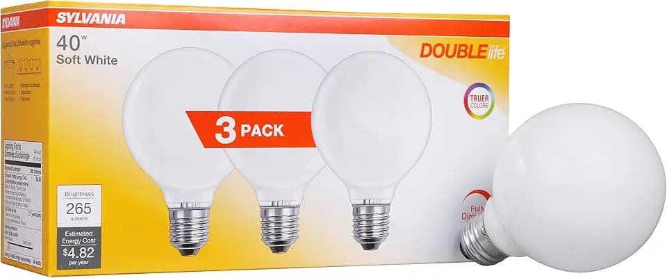Sylvania Incandescent Double Life Décor Globe Light Bulb, 40W, G25, Medium Base, 265 Lumens, Frosted, 2850K, Soft White - 3 Pack (15345)