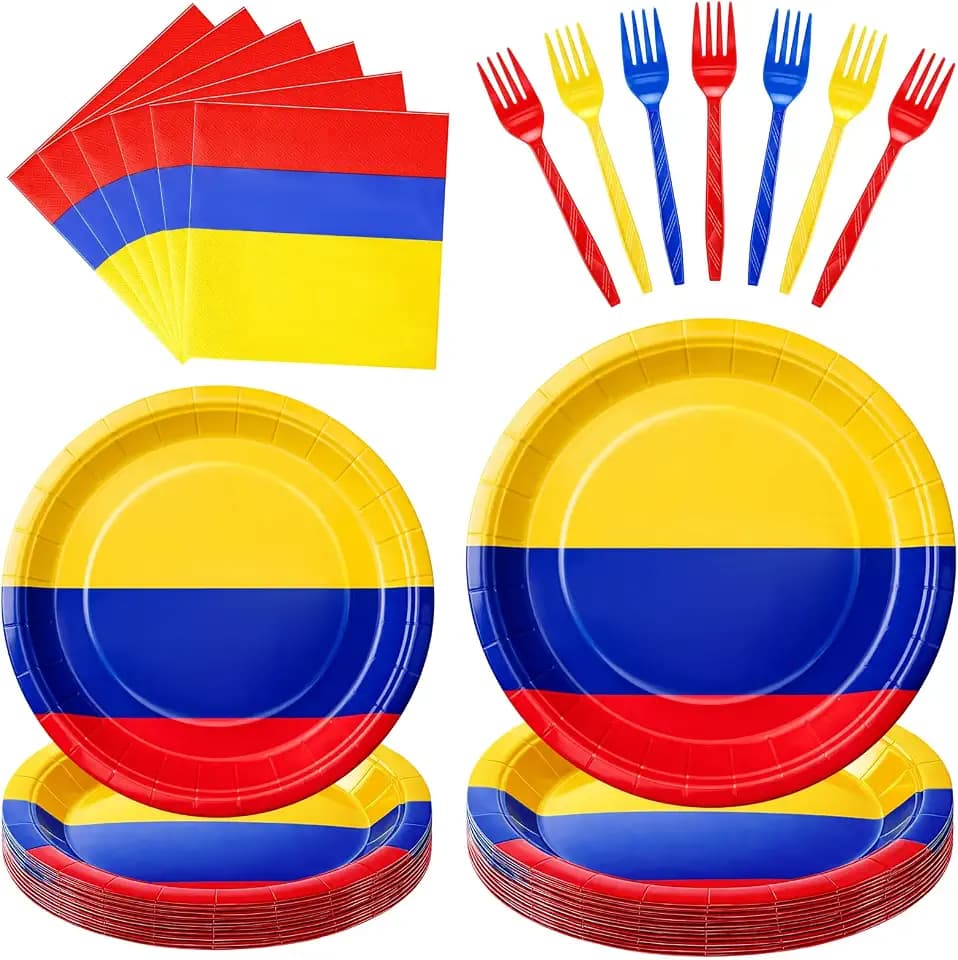LemonRoad 96 Pcs Colombia Flag Party Supplies for 24 Guests, Colombian Independence Day Decorations Yellow Blue Red Tableware Set 7"/9" Disposable Plates 13"x13" Napkins Forks for Soccer Party Decor