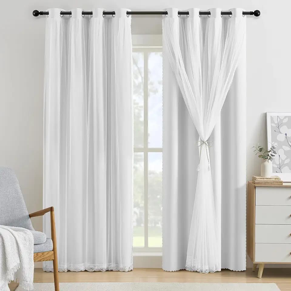 XiDi White Blackout Curtains 96 Inches Long for Bedroom 2 Panels Mix & Match Double Layer Curtains with Sheer Overlay Thermal Insulated Window Treatment White Drapes for Living Room Grommet Top 52x96