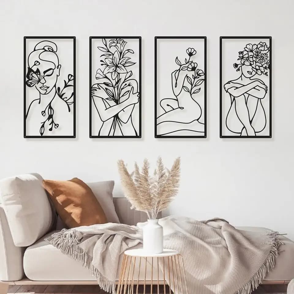 Bakovity Black Metal Wall Art, Abstract Woman Wall Decor, Minimalist Flower Line Decor, Modern Aesthetic Metal Wall Art for Bedroom Bathroom Living Room (4 Pcs, 17 x 9 in)