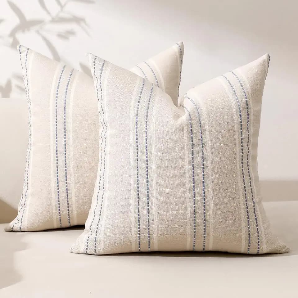 Hckot Dusty Blue Throw Pillows Covers 20x20 Linen Stripe Pillow Covers