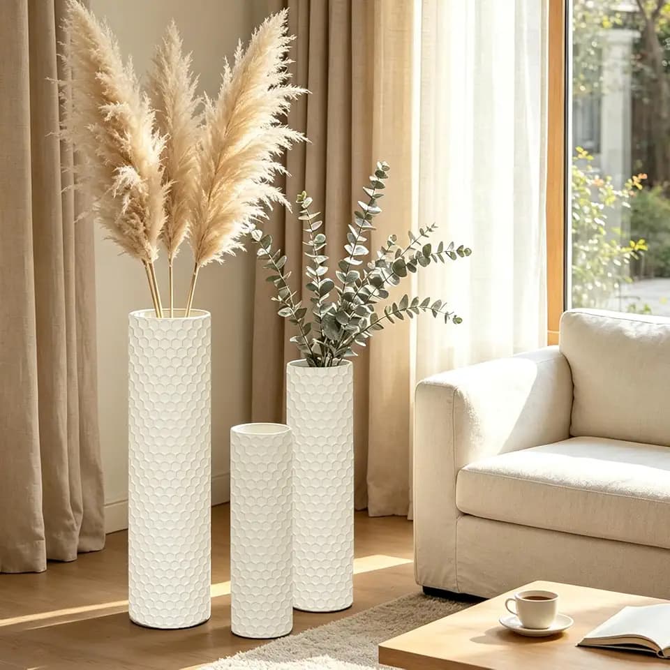 White Tall Floor Vase - Set of 3 Large Metal Decorative Vases