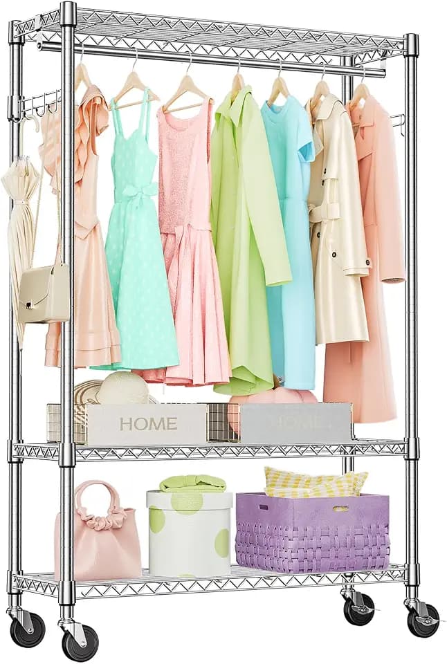 IZEUK Heavy Duty Rolling Garment Rack Wire Clothes Rack for Hanging Clothes (Chrome, 3 Tier with 2 Rod, 15.7" D x 45.3" W x 75.6" H)