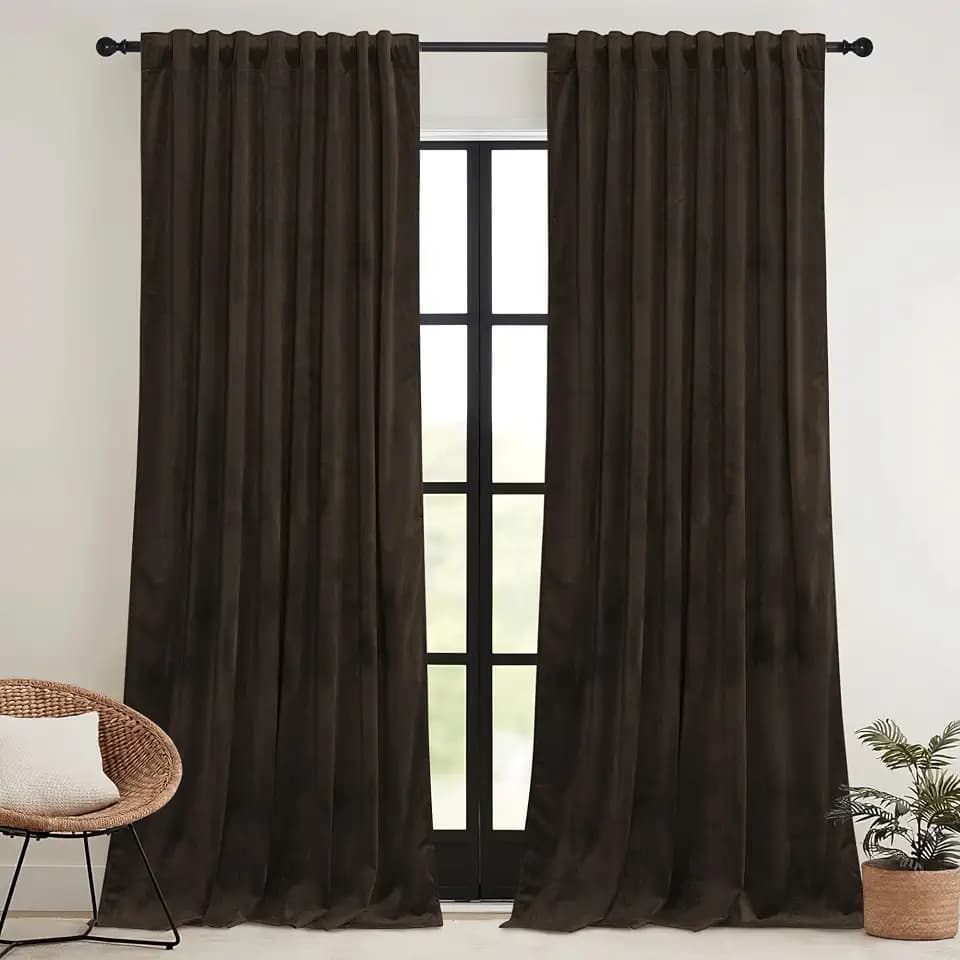 RYB HOME Brown Blackout Curtains 90 inches Long Velvet for Bedroom