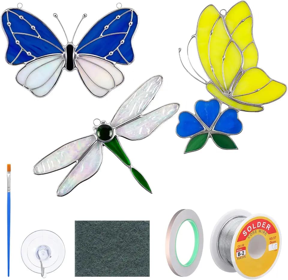 LemonRoad Unfinished Pre Cut Stained Glass for Adult Made Easy Stained Glass Craft with Solder Wire, Flux Brush for Home Birthday Party Decor(3 Set,Garden Insect)
