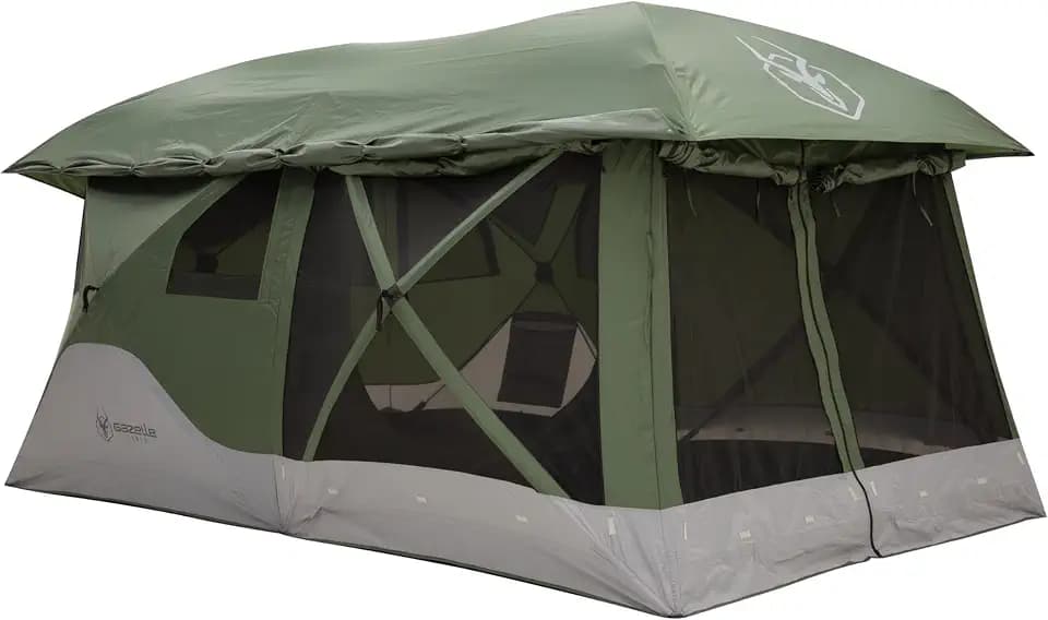 Gazelle Tents™, T4 Tandem Hub Tent with Overland Kit, Easy 90 Second Set-Up, Waterproof, UV Resistant, Removable Floor, Ample Storage Options, 4-8 Person, Alpine Green/Slate, 165" x 94" x 78", GK915