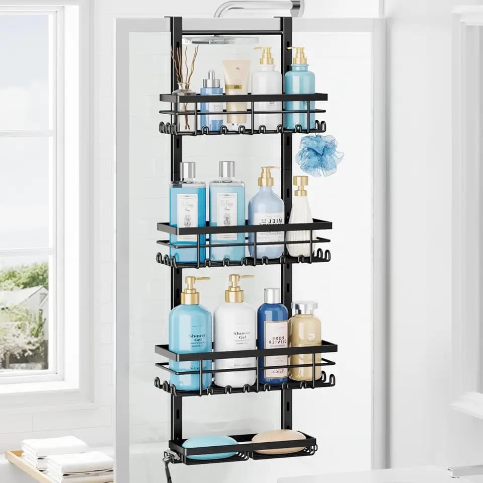 SWTYMIKI Over The Door Shower Caddy - 4 Tier Rustproof Hanging Shower Organizer with Adjustable Shelves, 40 Hooks & Soap Holder, Hanging Shower Rack Storage for Bathroom Accessories, Black