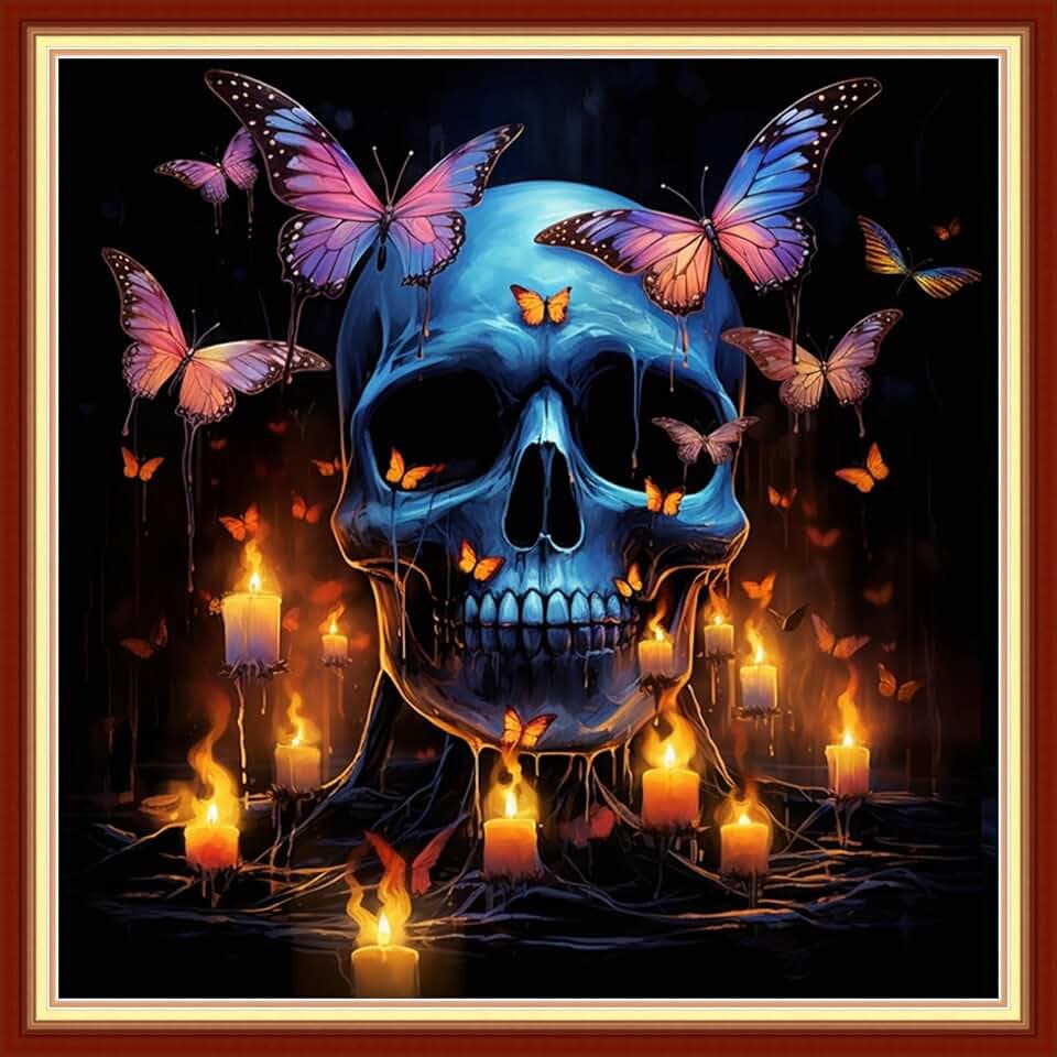 Disxvivy Cross Stitch Stamped Full Embroidery Kits DIY 11CT Cotton Thread Printed DIY Needlepoint Kits Craft Needlework Set Cross-Stitch Stamped Sets-Skeleton Butterfly 18x18 inch