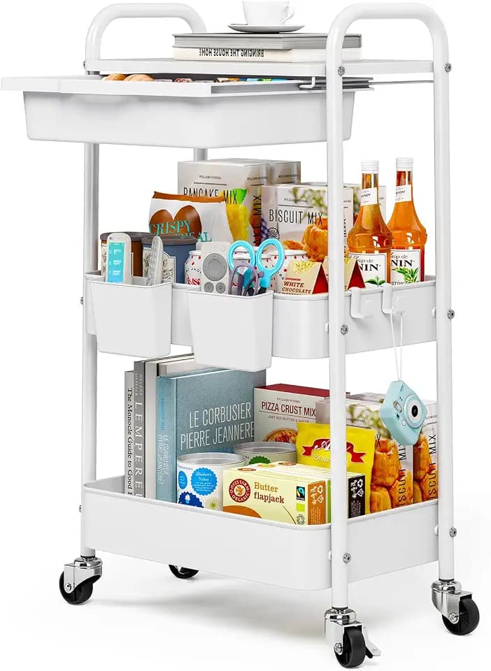 KINGRACK 3 Tier Metal Rolling Cart with Drawer, White Utility Storage Cart