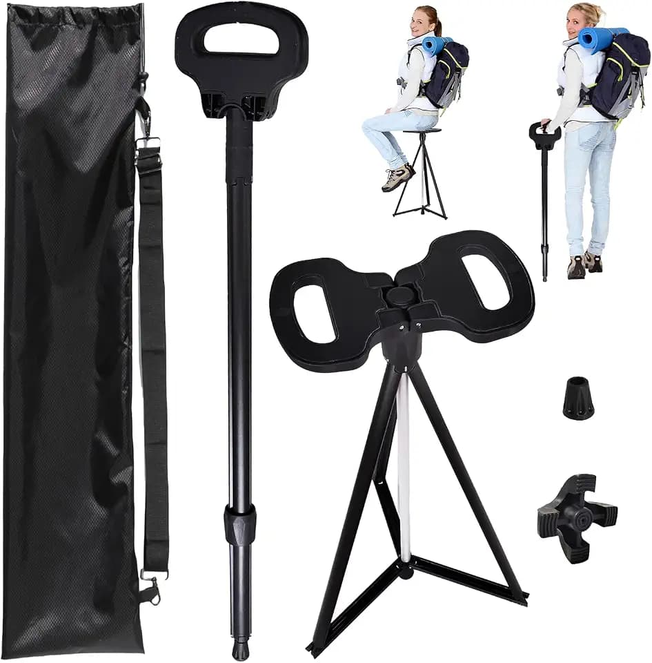 Höhenverstellbarer Gehstock mit Sitz, Tragbarer Aluminium Gehstock Klappbar mit Rucksack-Aufbewahrungstasche,Dreieckiger Matte und Einbeiniger Matte,Geeignet für Erwachsene & Senioren Outdoor Reisen