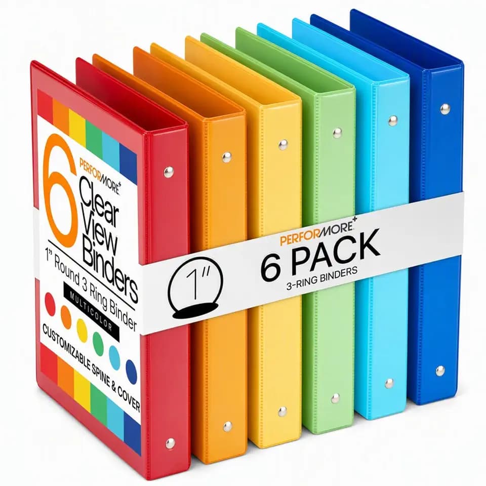 Performore 6-Pack Multi-Color 3-Ring Binders, 1-Inch Round Rings, 8.5x11 Inches, Versatile Binders for Office, Home, & School Use, Assorted Colors (Dark Blue, Green, Orange, Red, Yellow, Bright Blue)