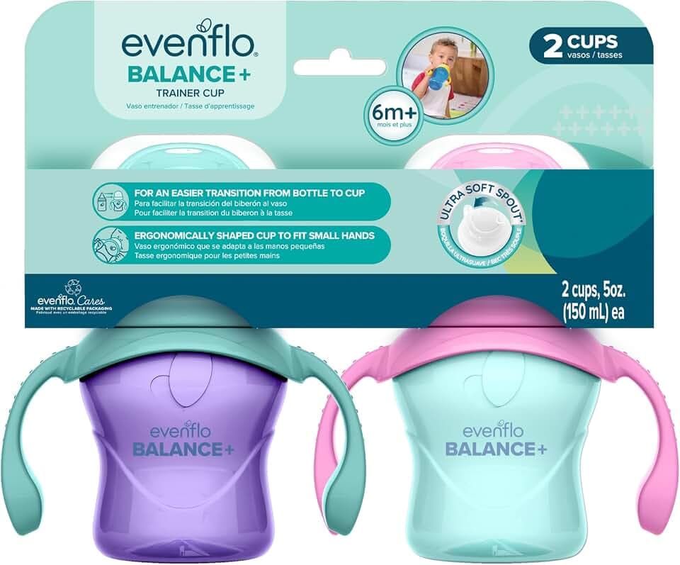 Evenflo Balance+ Trainer Cup with Ultra Soft Spout, Purple & Mint with Pink & Teal Handles, 5oz, 2 Pack, for 6+ Months