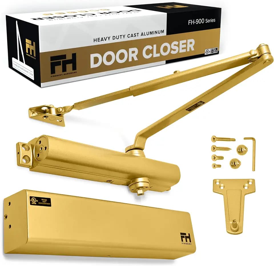 Commercial Door Closer Automatic Heavy Duty High Traffic Adjustable ANSI/BHMA Grade 1 Standard, UL Listed ADA Compliant Hydraulic Backcheck Delayed Action Latch Speed 1-6 Power (1, Matte Gold)