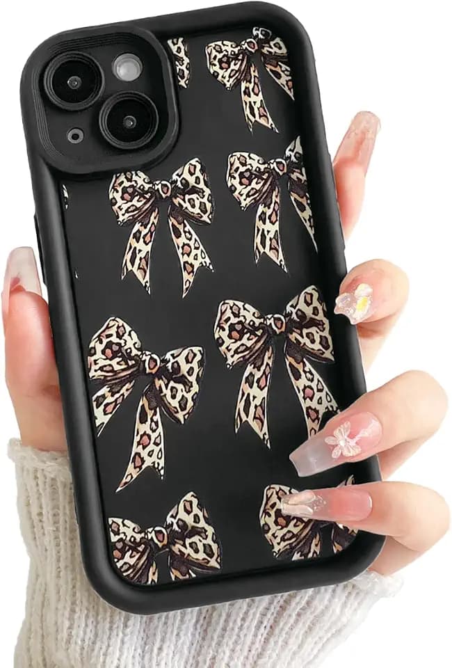 Lovmooful for iPhone 15 Case Cute Ribbon Bow with Leopard-Black