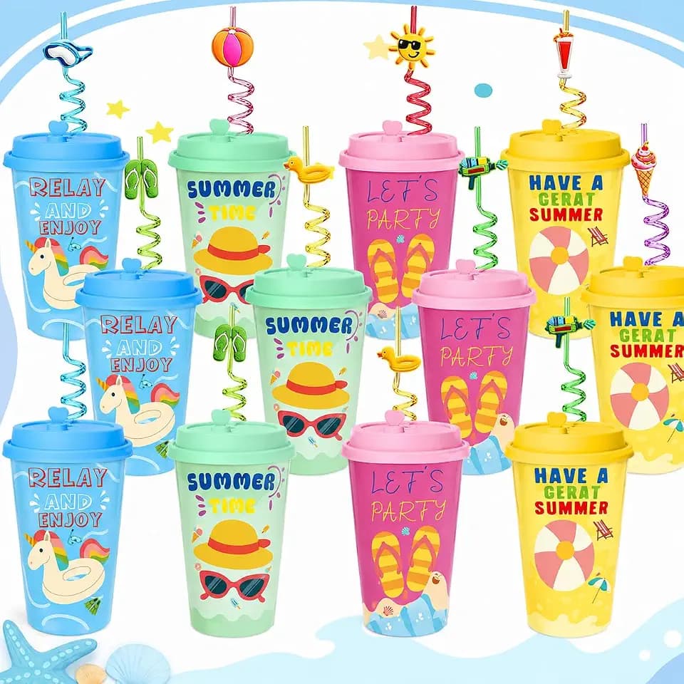 24 pcs Pool Beach Birthday Party Decorations Cups with Lid and Straws,16oz Reusable Plastic Cups Pool Party Favors Summer Cups for End of Year Student Gifts KidsTropical Birthday Party Supplies