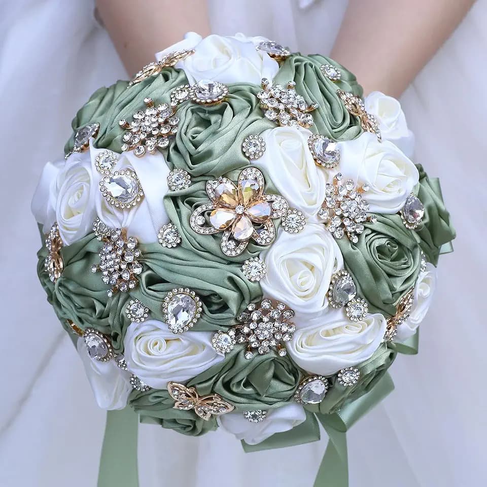 9.8" Sage Green & Ivory Bridal Wedding Bouquet Round Bling Brooch Bouquet Throw Toss Artificial Rose Flower Bunch for Bride Bridesmaid Wedding Quinceanera