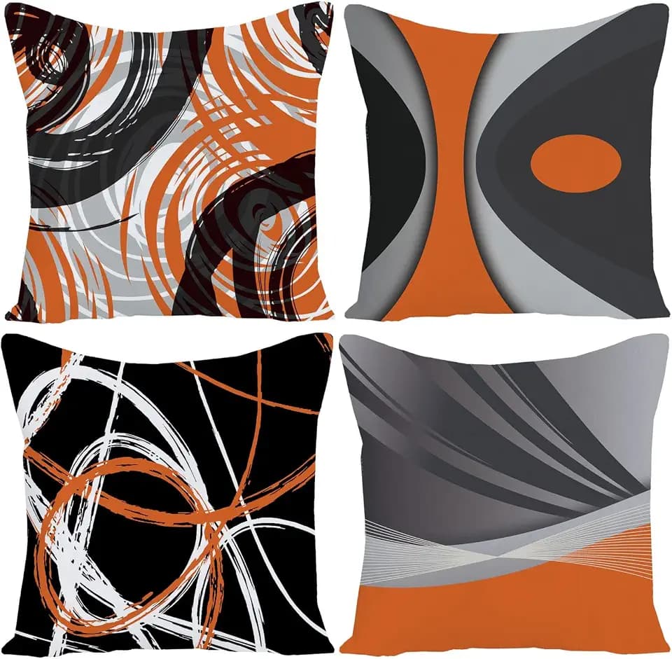Set of 4 Throw Pillow Covers Modern Abstract Orange Stripes Gray Black White Acrylic Bold Grey Decorative Pillow Cases Home Decor Square 16x16 Inches Pillowcases